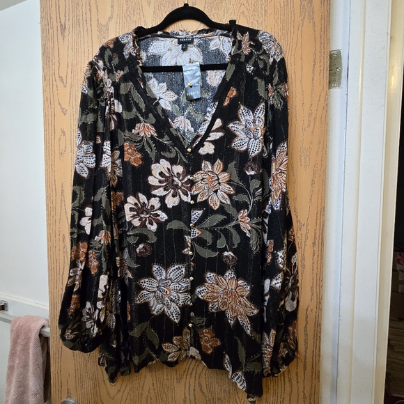 Gauze Long Sleeved Floral Button Down Blouse with Gold accents - Picture 2 of 9